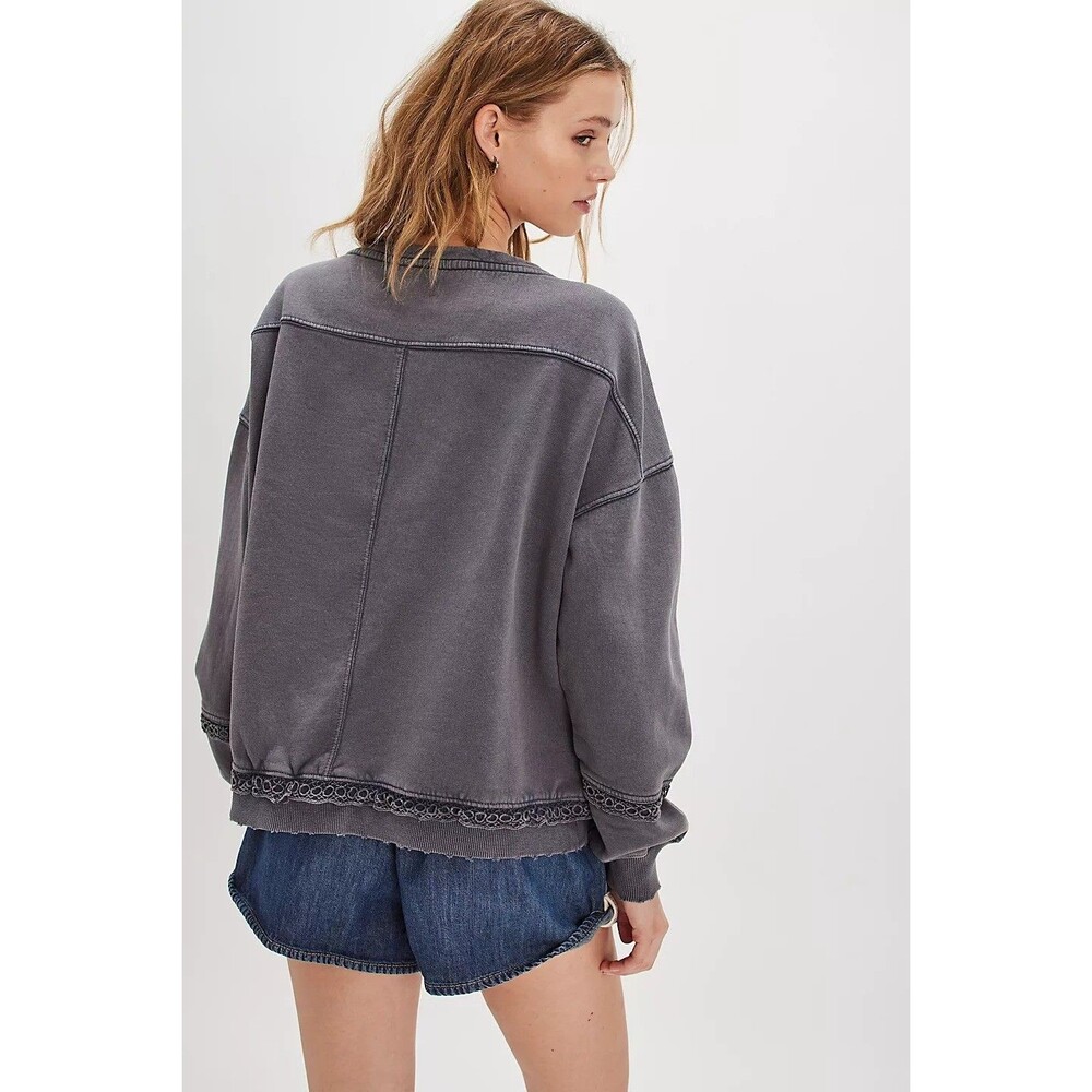 Free People Golden Hour Sweatshirt Top Eyelet Embroidered Oversized L New 284124 - Picture 3 of 7